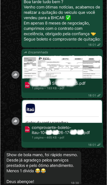 Mensagem real de cliente da BH CAR pelo WhatsApp